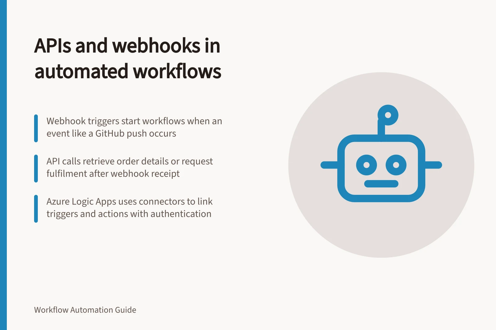 APIs and webhooks in automated workflows: Webhook triggers start workflows when an event like a GitHub push occurs; API calls retrieve order details or request fulfilment after webhook receipt; Azure Logic Apps uses connectors to link triggers and actions with authentication