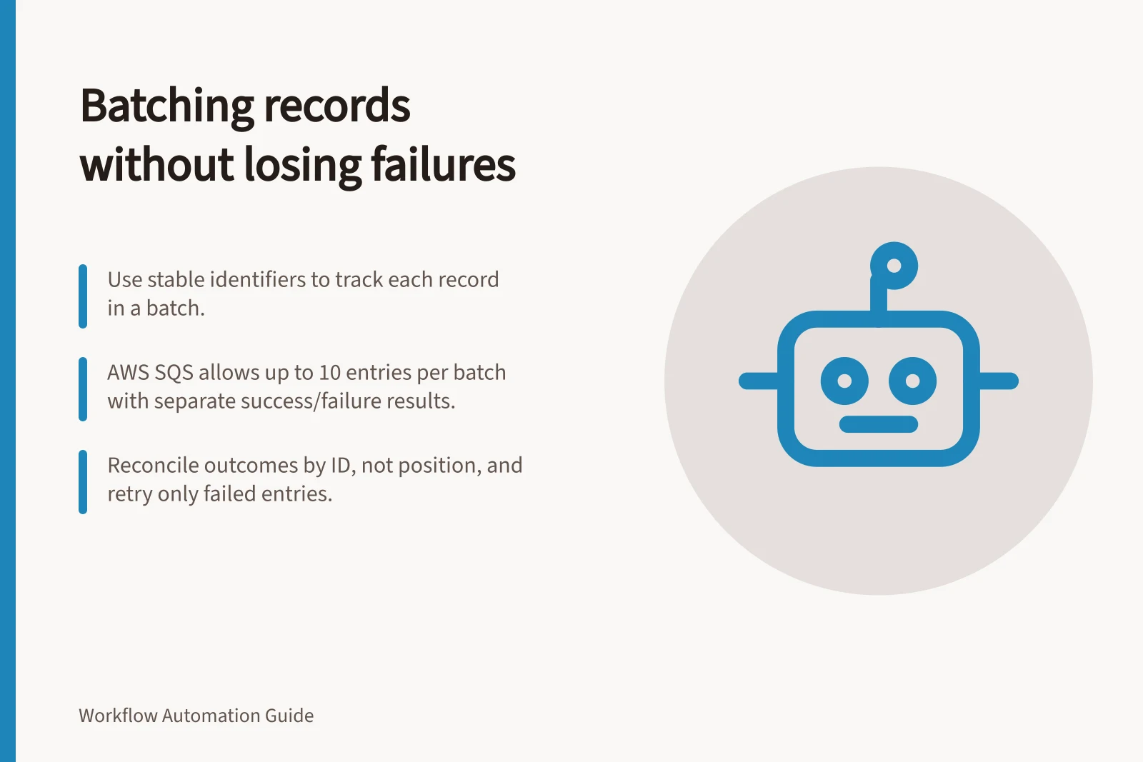 Batching records without losing failures: Use stable identifiers to track each record in a batch.; AWS SQS allows up to 10 entries per batch with separate success/failure results.; Reconcile outcomes by ID, not position, and retry only failed entries.
