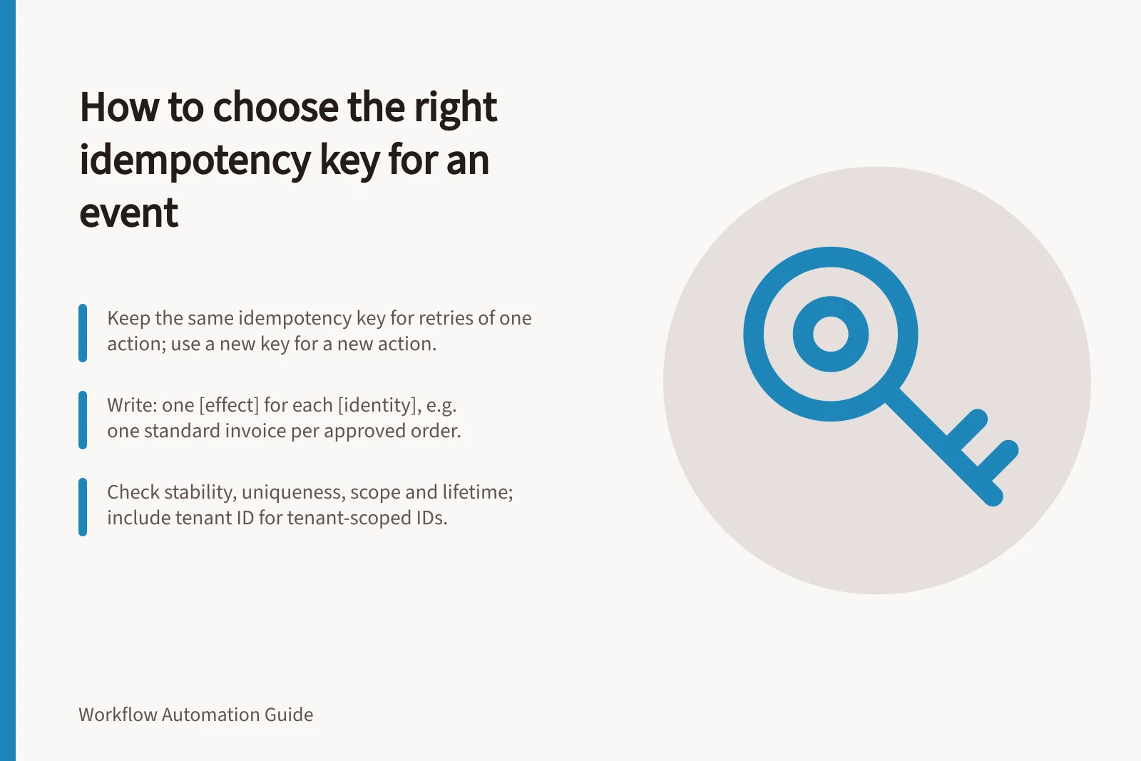 How to choose the right idempotency key for an event: Keep the same idempotency key for retries of one action; use a new key for a new action.; Write: one [effect] for each [identity], e.g. one standard invoice per approved order.; Check stability, uniqueness, scope and lifetime; include tenant ID for tenant-scoped IDs.