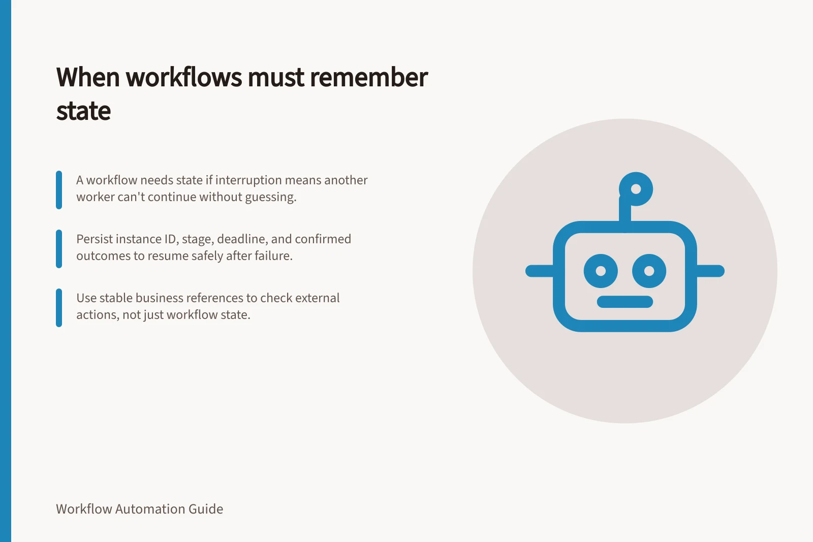 When workflows must remember state: A workflow needs state if interruption means another worker can't continue without guessing.; Persist instance ID, stage, deadline, and confirmed outcomes to resume safely after failure.; Use stable business references to check external actions, not just workflow state.
