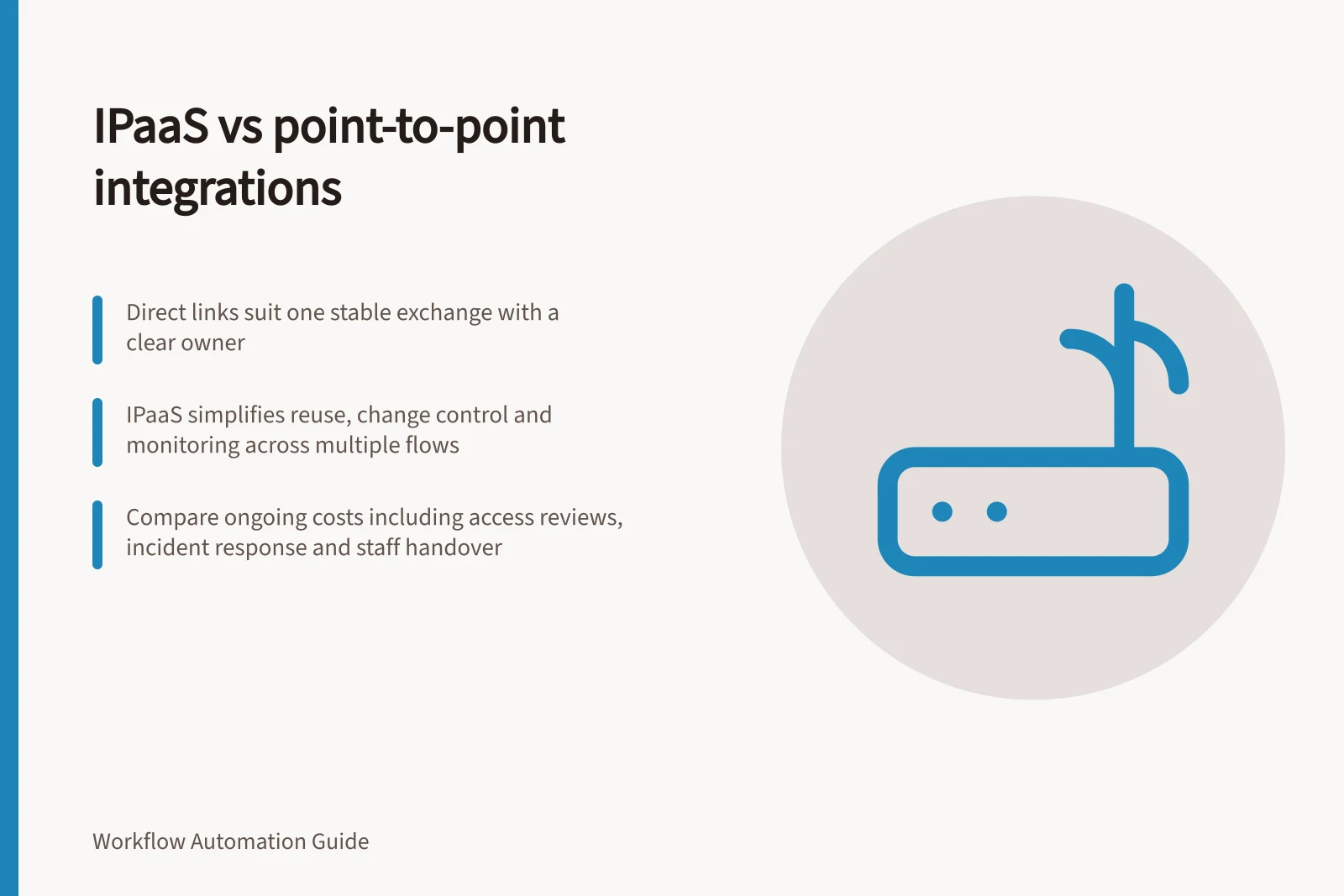 iPaaS vs point-to-point integrations: Direct links suit one stable exchange with a clear owner; iPaaS simplifies reuse, change control and monitoring across multiple flows; Compare ongoing costs including access reviews, incident response and staff handover