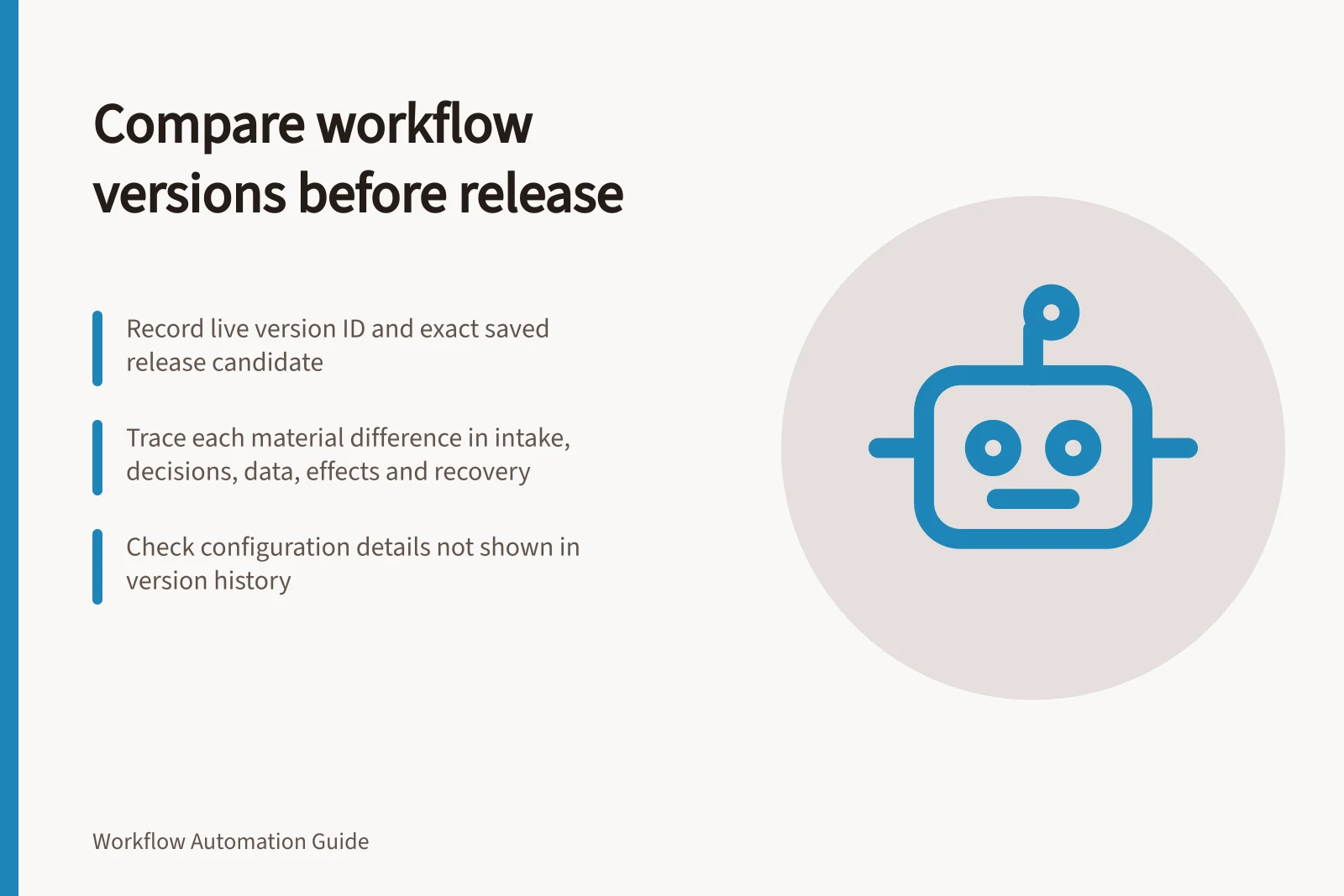 Compare workflow versions before release: Record live version ID and exact saved release candidate; Trace each material difference in intake, decisions, data, effects and recovery; Check configuration details not shown in version history