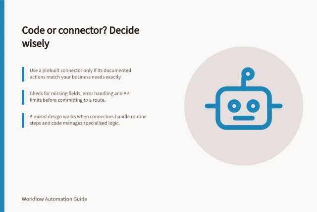 Code or connector? Decide wisely: Use a prebuilt connector only if its documented actions match your business needs exactly.; Check for missing fields, error handling and API limits before committing to a route.; A mixed design works when connectors handle routine steps and code manages specialised logic. Deciding whether a workflow needs code or a connector
