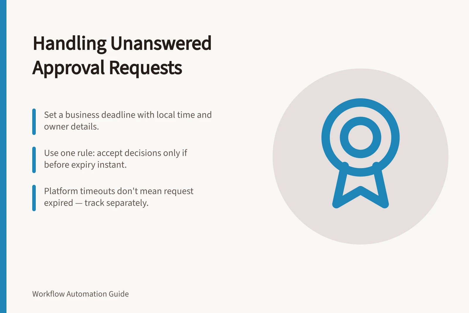 Handling Unanswered Approval Requests: Set a business deadline with local time and owner details.; Use one rule: accept decisions only if before expiry instant.; Platform timeouts don't mean request expired — track separately.