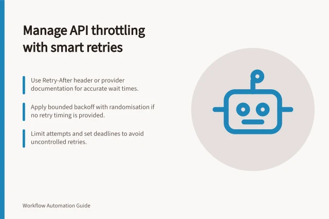 Manage API throttling with smart retries: Use Retry-After header or provider documentation for accurate wait times.; Apply bounded backoff with randomisation if no retry timing is provided.; Limit attempts and set deadlines to avoid uncontrolled retries. Handling API throttling with controlled retries