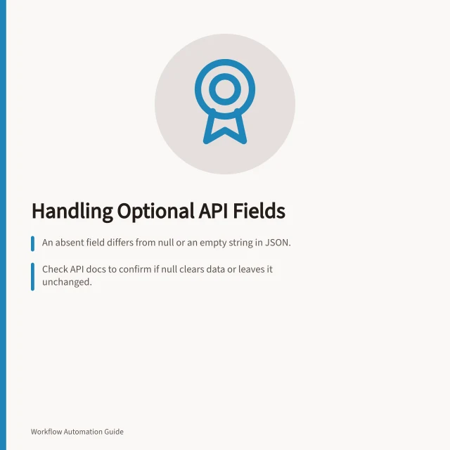 Handling Optional API Fields: An absent field differs from null or an empty string in JSON.; Check API docs to confirm if null clears data or leaves it unchanged.; Test all three states: present, absent, and explicitly null. Handling optional fields in an API payload