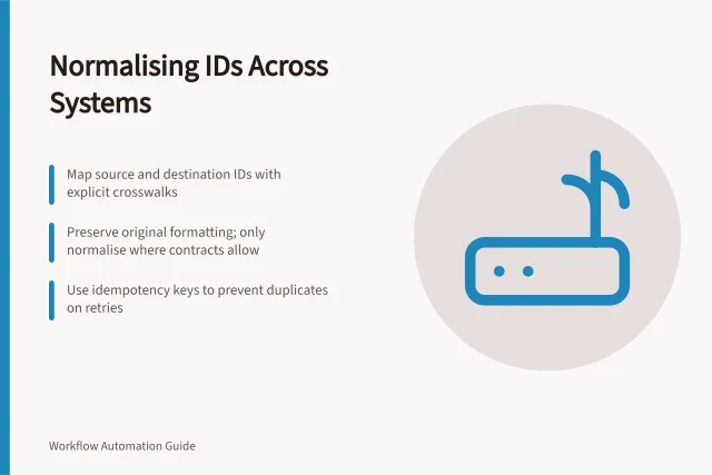 Normalising IDs Across Systems: Map source and destination IDs with explicit crosswalks; Preserve original formatting; only normalise where contracts allow; Use idempotency keys to prevent duplicates on retries. Normalising identifiers across connected applications