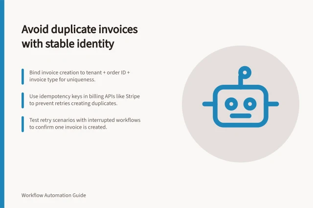 Avoid duplicate invoices with stable identity: Bind invoice creation to tenant + order ID + invoice type for uniqueness.; Use idempotency keys in billing APIs like Stripe to prevent retries creating duplicates.; Test retry scenarios with interrupted workflows to confirm one invoice is created. Preventing duplicate invoices after a workflow retry