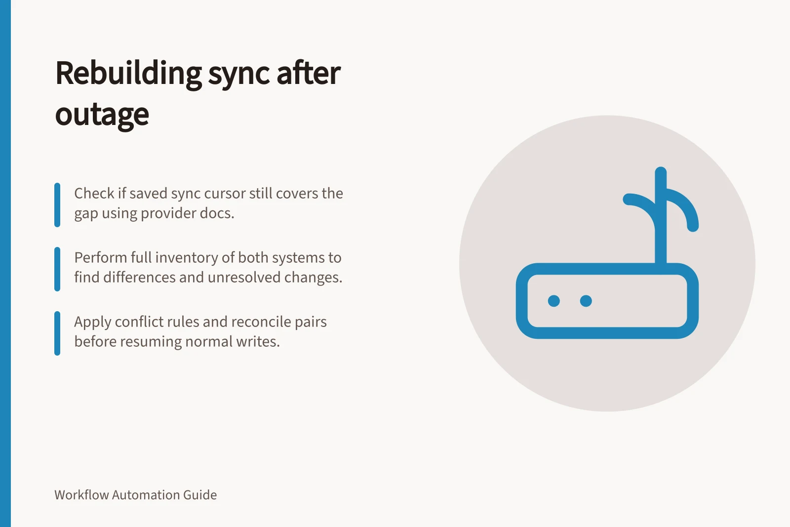 Rebuilding sync after outage: Check if saved sync cursor still covers the gap using provider docs.; Perform full inventory of both systems to find differences and unresolved changes.; Apply conflict rules and reconcile pairs before resuming normal writes.