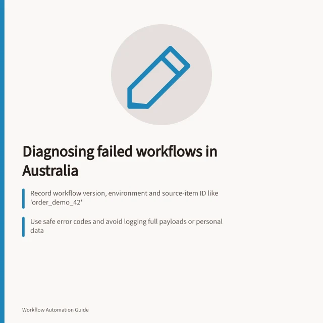 Diagnosing failed workflows in Australia: Record workflow version, environment and source-item ID like 'order_demo_42'; Use safe error codes and avoid logging full payloads or personal data; Keep correlation IDs and trace IDs to track system path across services. Recording enough context to diagnose a failed workflow