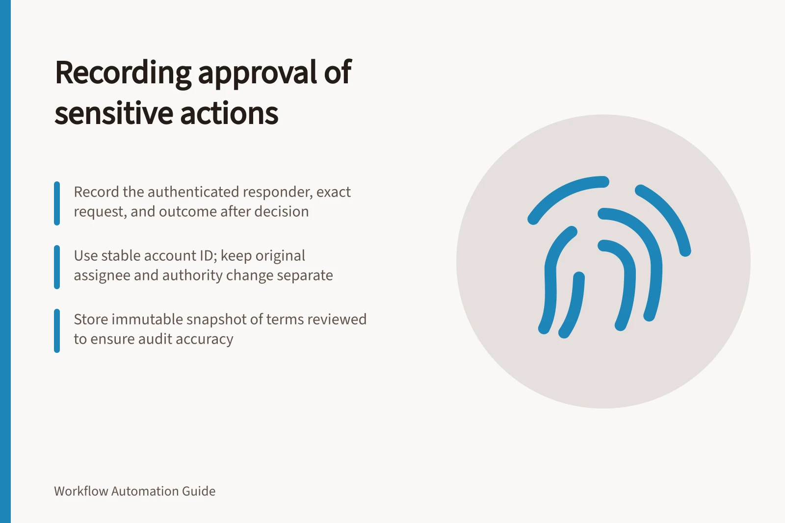 Recording approval of sensitive actions: Record the authenticated responder, exact request, and outcome after decision; Use stable account ID; keep original assignee and authority change separate; Store immutable snapshot of terms reviewed to ensure audit accuracy