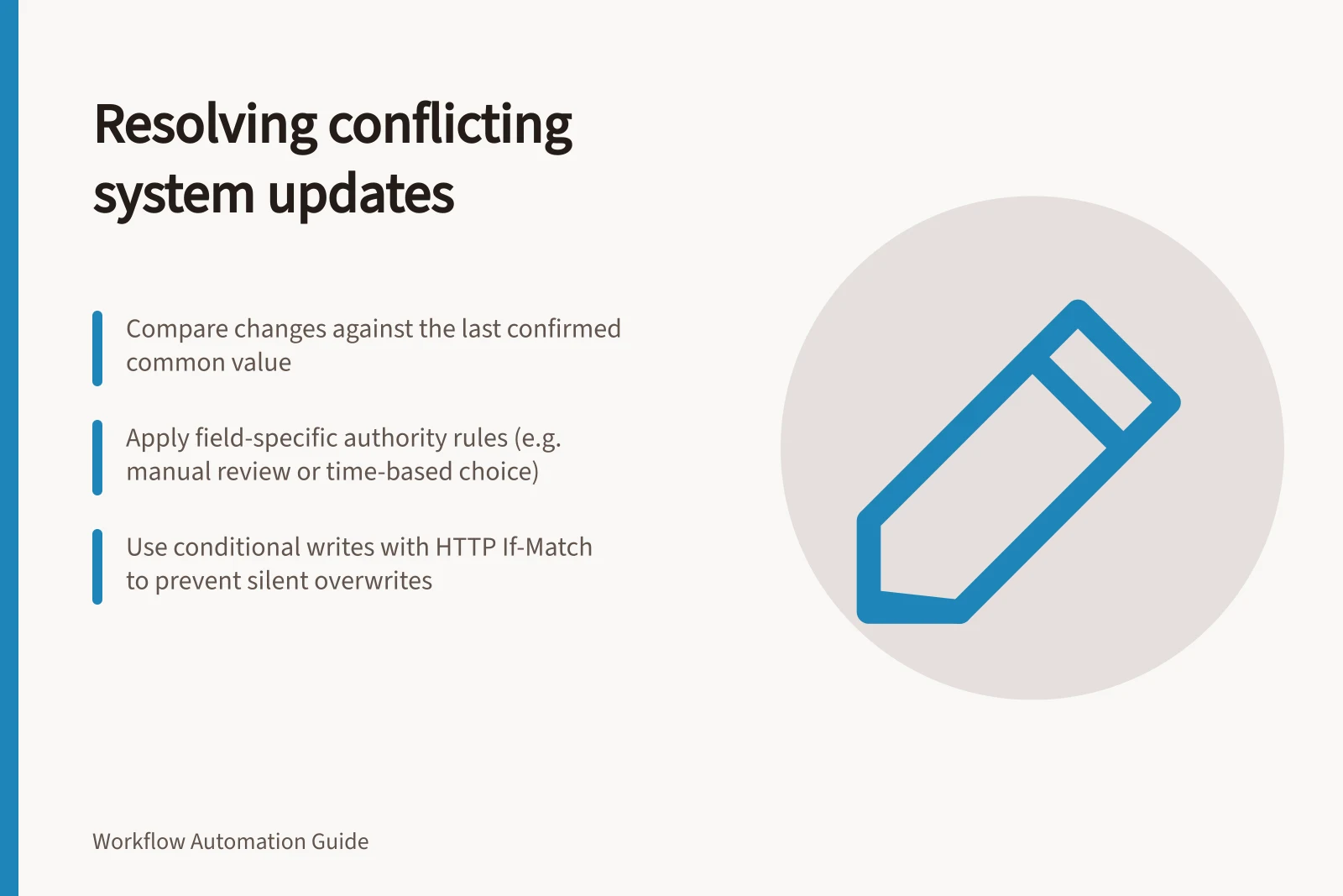 Resolving conflicting system updates: Compare changes against the last confirmed common value; Apply field-specific authority rules (e.g. manual review or time-based choice); Use conditional writes with HTTP If-Match to prevent silent overwrites