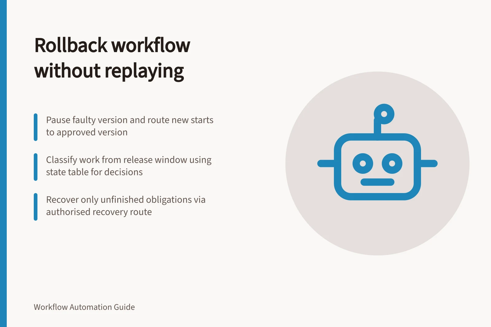 Rollback workflow without replaying: Pause faulty version and route new starts to approved version; Classify work from release window using state table for decisions; Recover only unfinished obligations via authorised recovery route