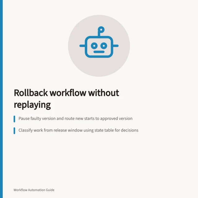 Rollback workflow without replaying: Pause faulty version and route new starts to approved version; Classify work from release window using state table for decisions; Recover only unfinished obligations via authorised recovery route. Rolling back a workflow without replaying completed actions