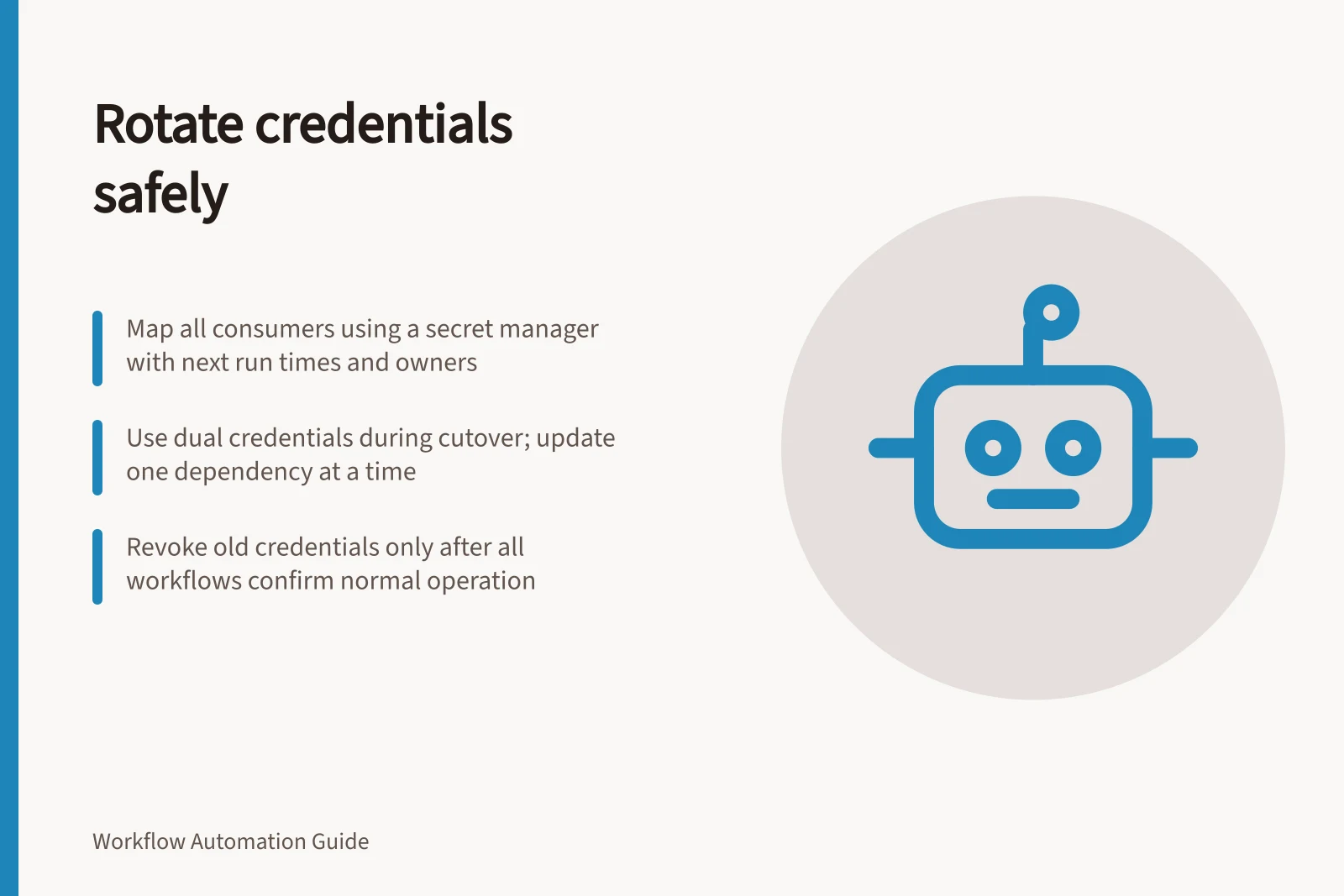 Rotate credentials safely: Map all consumers using a secret manager with next run times and owners; Use dual credentials during cutover; update one dependency at a time; Revoke old credentials only after all workflows confirm normal operation