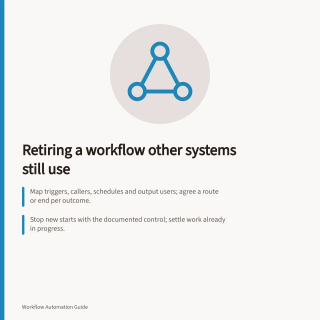 Retiring a workflow other systems still use: Map triggers, callers, schedules and output users; agree a route or end per outcome.; Stop new starts with the documented control; settle work already in progress.; Deleting a workflow does not undo a destination record it already created. Safely retiring a workflow that other systems still use