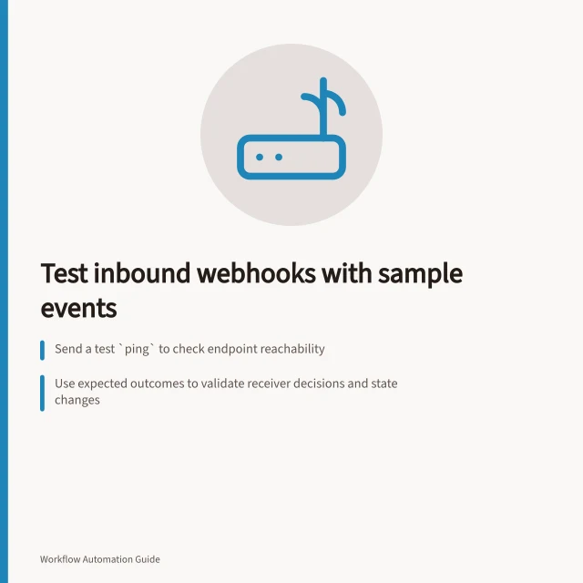 Test inbound webhooks with sample events: Send a test `ping` to check endpoint reachability; Use expected outcomes to validate receiver decisions and state changes; Inspect sender delivery records and downstream effects for accuracy. Testing an inbound webhook with sample events