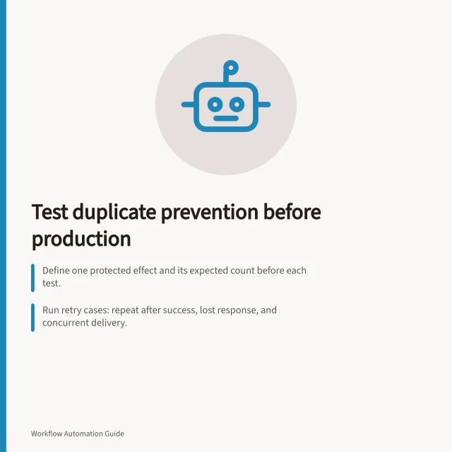 Test duplicate prevention before production: Define one protected effect and its expected count before each test.; Run retry cases: repeat after success, lost response, and concurrent delivery.; Verify downstream records match expected outcomes—no extra invoices or orders. Testing duplicate prevention before production