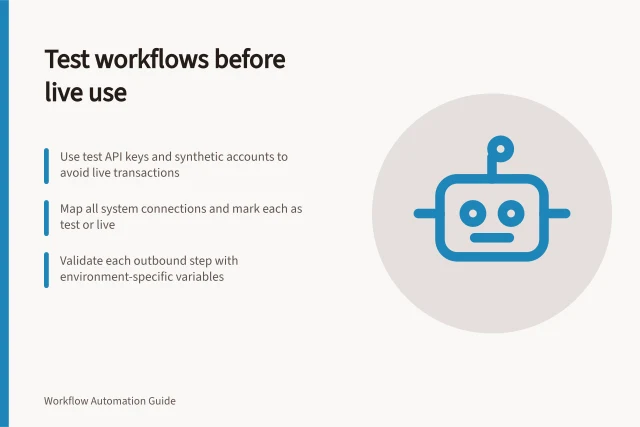 Test workflows before live use: Use test API keys and synthetic accounts to avoid live transactions; Map all system connections and mark each as test or live; Validate each outbound step with environment-specific variables. Using a sandbox before connecting live business accounts