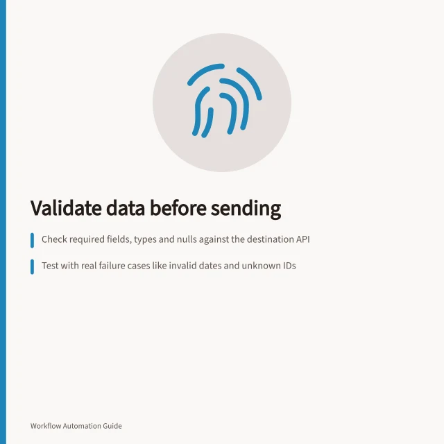 Validate data before sending: Check required fields, types and nulls against the destination API; Test with real failure cases like invalid dates and unknown IDs; Fail visibly—log errors and route records to an exception queue. Validating transformed data before sending it onward