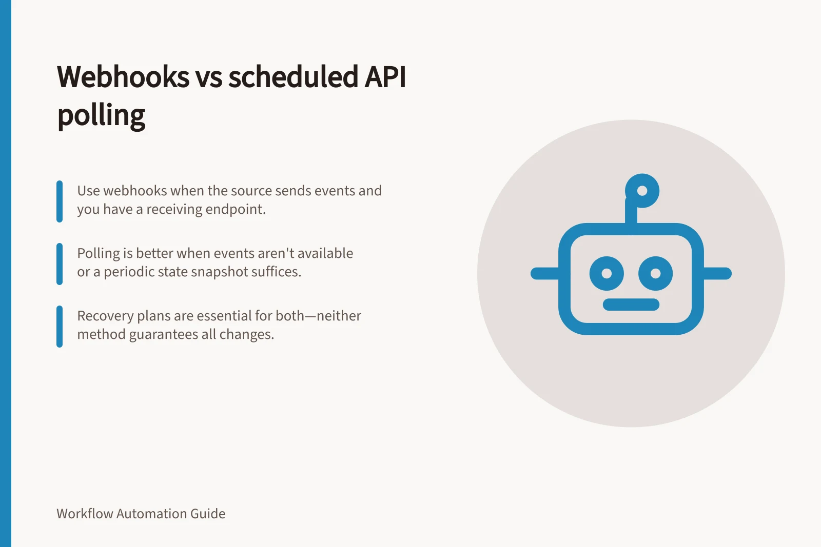 Webhooks vs scheduled API polling: Use webhooks when the source sends events and you have a receiving endpoint.; Polling is better when events aren't available or a periodic state snapshot suffices.; Recovery plans are essential for both—neither method guarantees all changes.