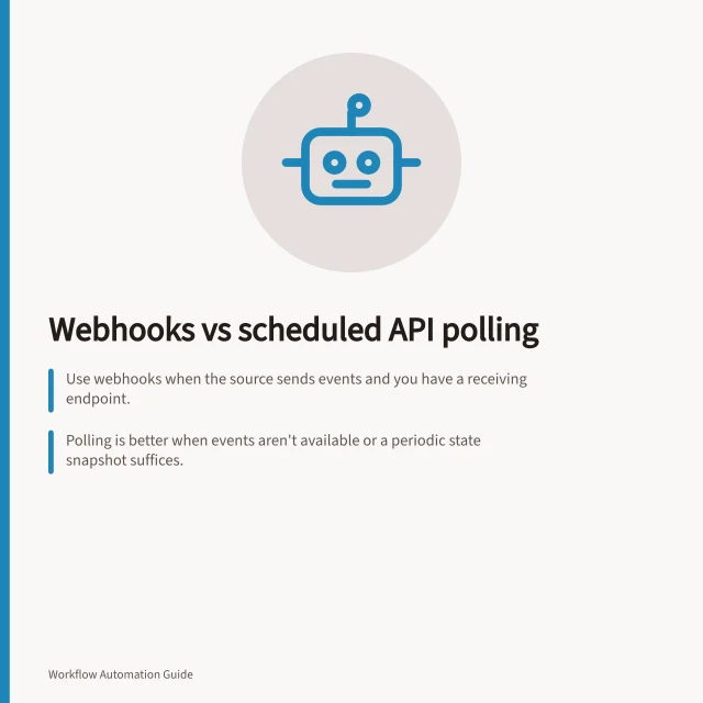 Webhooks vs scheduled API polling: Use webhooks when the source sends events and you have a receiving endpoint.; Polling is better when events aren't available or a periodic state snapshot suffices.; Recovery plans are essential for both—neither method guarantees all changes. Webhooks versus scheduled API polling