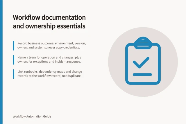 Workflow documentation and ownership essentials: Record business outcome, environment, version, owners and systems; never copy credentials.; Name a team for operation and changes, plus owners for exceptions and incident response.; Link runbooks, dependency maps and change records to the workflow record, not duplicate. Workflow documentation and ownership